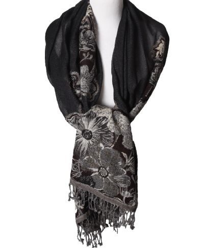 Wollen sjaal met bloemenprint in grijs en bruin