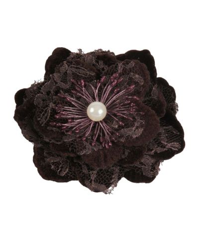 Bruine haarbloem / broche van fluweel en kant