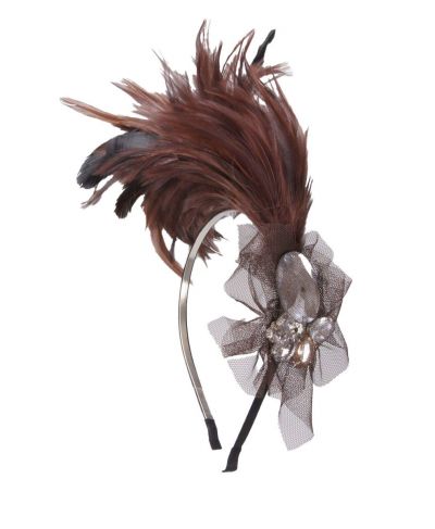 Bruine hanenveren haaraccessoire met strass en tule op haarband