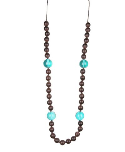 Bruine houten kralen ketting met turquoise kralen