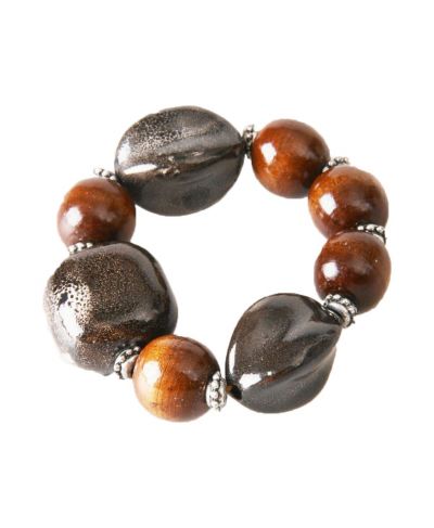Bruine met taupe hout- en glaskralen stretcharmband