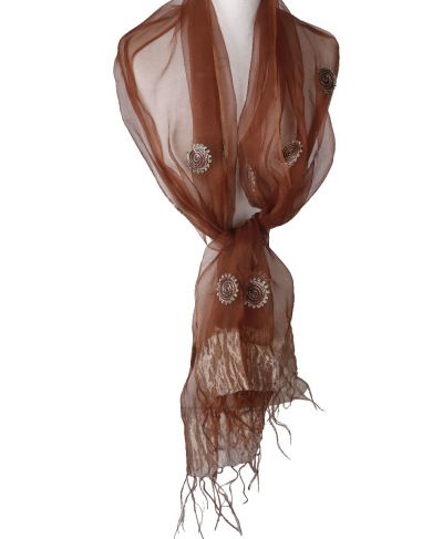 Cognacbruine zijden organza stola met opgestikte details