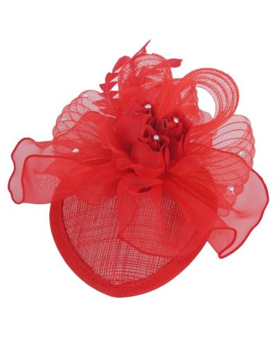 Haarbloem/Corsage in rood met rozen, veertjes en strass