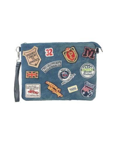 Denim clutch met verschillende patches