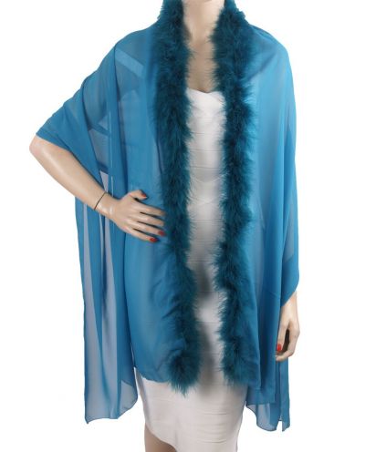 Donker turquoise crêpe voile stola met maraboe veren rand