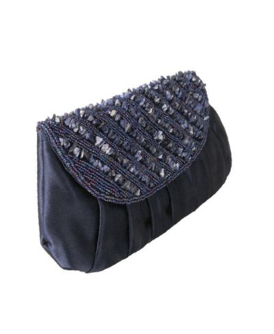 Donkerblauw fold-over avondtasje afgezet met steentjes