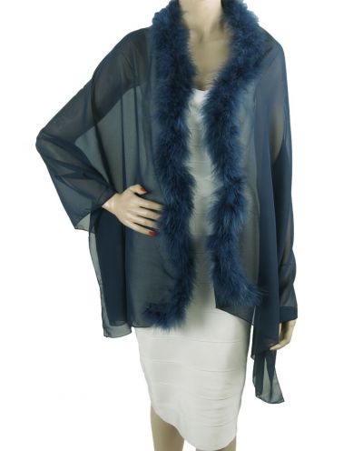 Donkerblauwe crêpe voile stola met veren rand