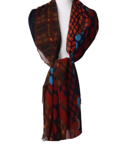 Donkerblauwe zijden stola/sjaal met mixed print