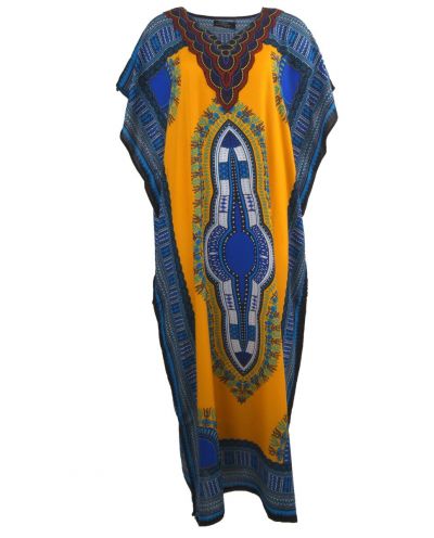 Koeldragende kaftan met ornament print in geel-blauw