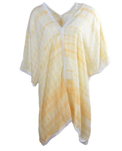 Luchtige kaftan met tie dye motief  in zachtgeel