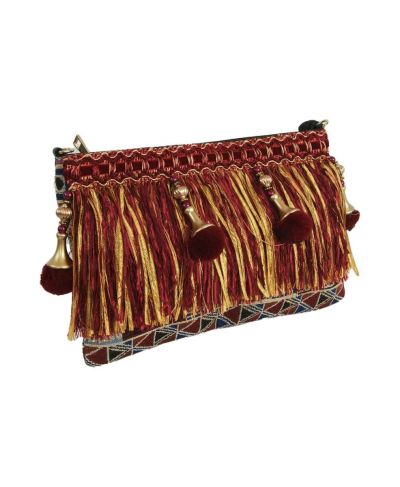 Gobelin clutch afgewerkt met fluweelband, franjes en pompoenen