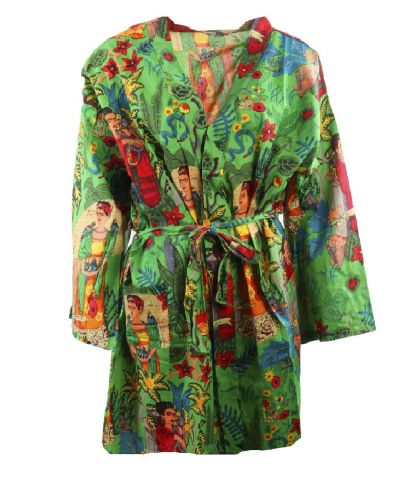 Korte limegroene katoenen kimono met Frida Kahlo print