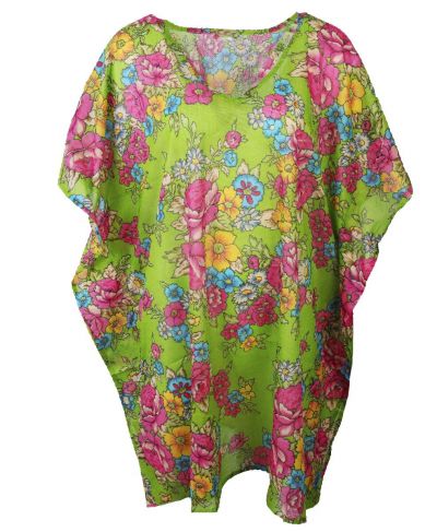 Korte limegroene katoenen kaftan met bloemenprint 