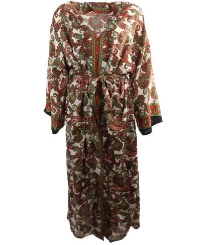 Lange zijde-blend kimono met paisley print groen-rood