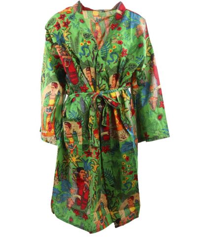Limegroene katoenen kimono met Frida Kahlo print