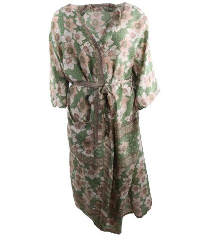 Lange kimono in groen met bloemenprint