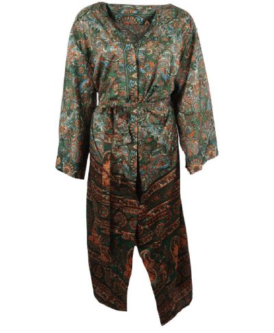 Lange zijde-blend kimono met paisley in groen-tinten