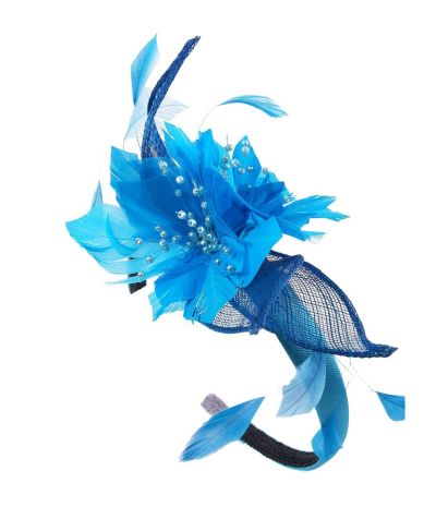 Turquoise sinamay/hanenveren fascinator haaraccessoire