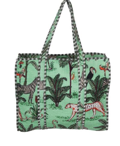 Gewatteerde schoudertas/shopper in mintgroene met dierenprint