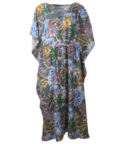 Jadegroene kaftanjurk met bloemenprint
