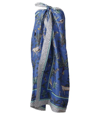 Sarong in jeansblauw met tropische dierenprint