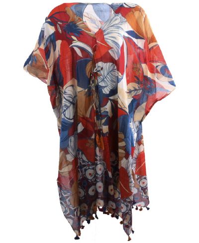 Katoenen kimono met bloemenprint in rood en blauw
