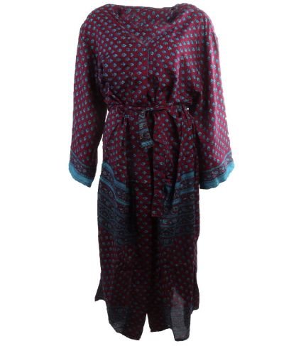Lange zijde-blend kimono in wijnrood met bloemenprint