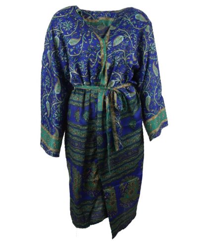 Kobaltblauwe zijde-blend kimono met bloemen