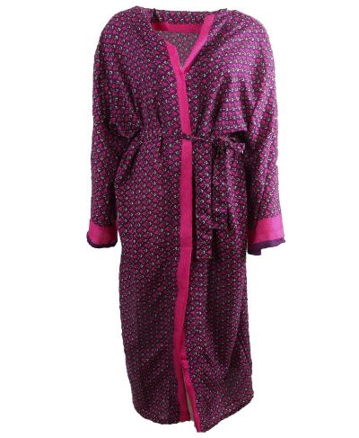 Lange zijde-blend kimono in donkerpaars met rozenprint 