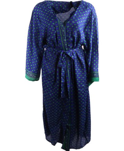 Lange kobaltblauwe zijde-blend kimono met bloemenprint