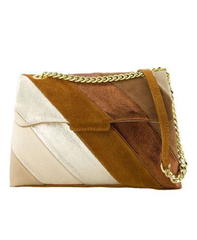 Leren metallic en suède regenboog tas in cognac- XL