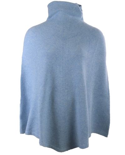 Lichtblauwe poncho met col van 100% kasjmier