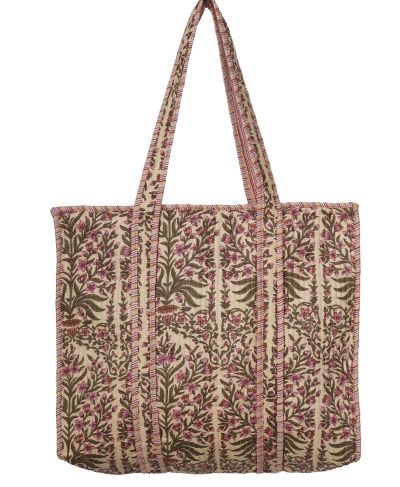 Gewatteerde schoudertas/shopper in lichtbeige met bloementjes