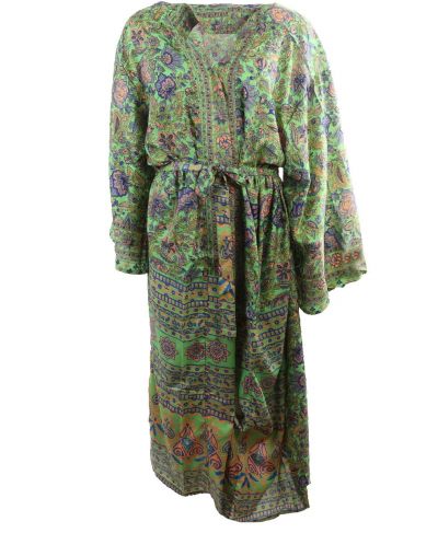 Lange zijde-blend kimono in limegroen met bloemenprint 