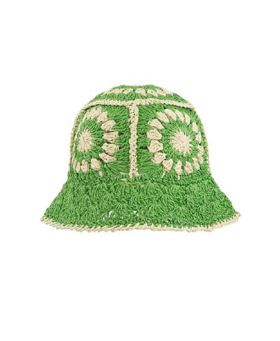 Gehaakt strohoedje met bloemmotief in groen