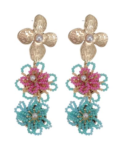 Lina oorbellen met bloemen in turquoise-roze