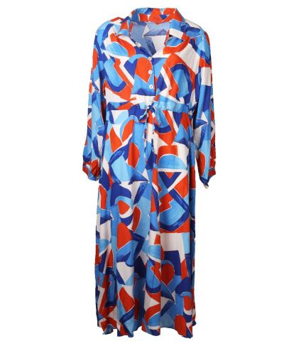 Maxi-jurk met grafische print in blauw en oranje
