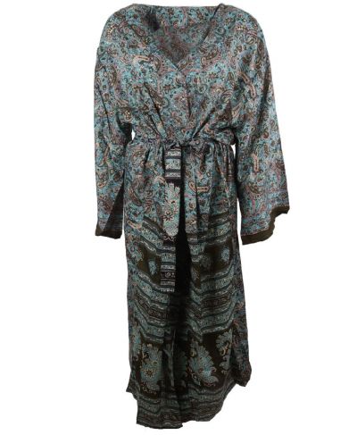 Lange zijde-blend kimono in mintgroen met paisley print