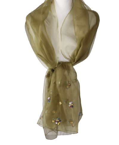 Olijfgroene zijden organza stola met pailletten