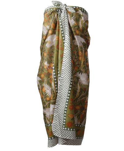 Katoenen sarong met vogel print in olijfgroen