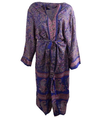 Lange kobaltblauwe zijde-blend kimono met paisley print in roze