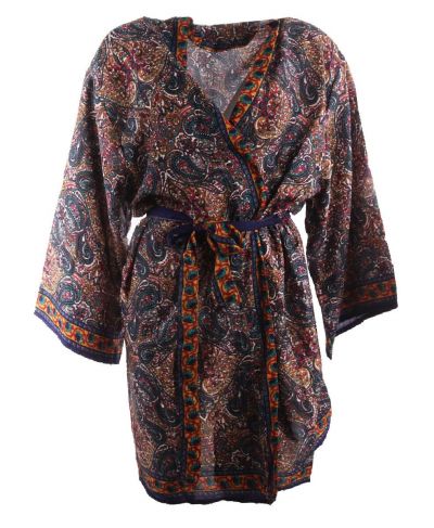 Korte zijde-blend kimono met paisley print in petrol en roze