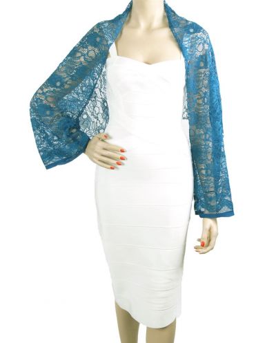 Petrol-blauwe stretch kanten bolero stola met bloemmotief