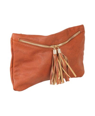 Reebruine imitatieleren clutch, goudkleurige rits en kwasten