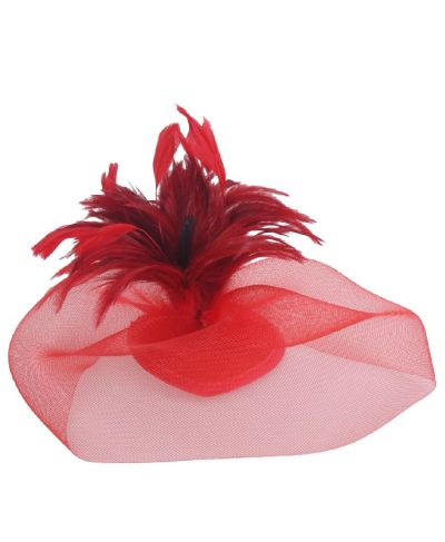 Rode tule fascinator met verentoef