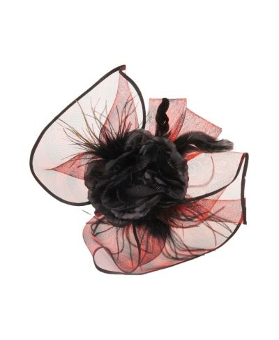 Rood-zwarte haaraccessoire met bloem, veren en gaas