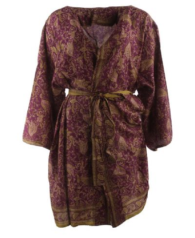 Korte zijde-blend kimono in wijnrood met limegroen