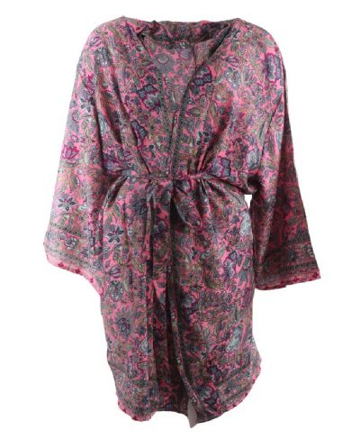 Korte zijde-blend kimono in zalmroze 