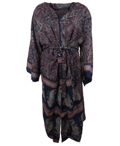 Lange donkerblauwe zijde-blend kimono met paisley print in roze