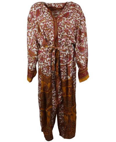 Lange zijde-blend kimono met paisley print roze en okergeel